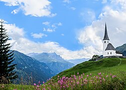 View of Safien Valley and Tenna's Swiss Reformed Church from Höhbord