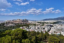 The Acropolis and Mount Hymettus from Philopappos Hill on July 18, 2019.jpg