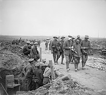 British gunners watching German prisoners passing after the taking of Guillemont, 3 September 1916 The Battle of the Somme, July-november 1916 Q4172.jpg