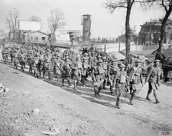 Battle of St Quentin: No 8 Platoon, B Company of the 1/7th Battalion, Argyll & Sutherland Highlanders retiring along the Cambrin road near Beaumetz.