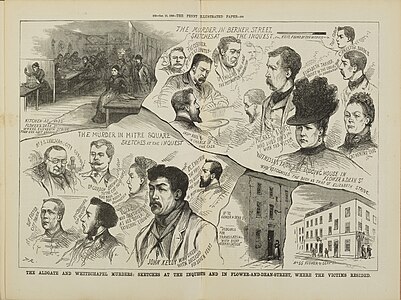 Témoins interrogés à la suite des meurtres commis à Berner Street et Mitre Square (Penny Illustrated Paper, 13 octobre 1888).