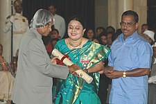 The President, Dr. A.P.J. Abdul Kalam presenting the Padma Shri Award – 2006 to visually challenged music prodigy Smt. Gayatri Sankaran, in New Delhi on March 20, 2006.jpg