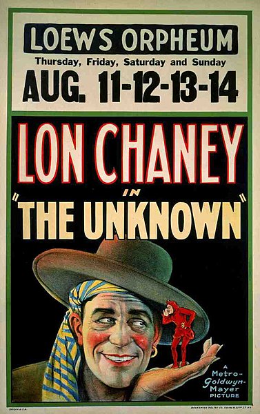 The Unknown (1927) Lobby Poster. Lon Chaney as "Alonzo the Armless" with "Cojo" (John George on palm of hand.)