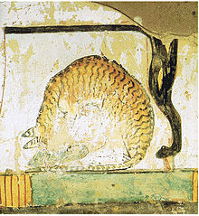 A cat eating a fish under a chair, a mural in an Egyptian tomb dating to the 15th century BC Tomb of Nakht (7).jpg