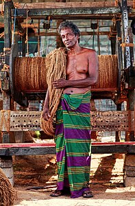 Ланкийский рабочий с мотком кокосовой верёвки, сделанной традиционным способом на старом оборудовании