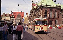 GT4 train from Bremer Wagonbau in original colours in front of the city hall of Bremen Tram on Route 2 near Bremen Rathaus - geo.hlipp.de - 4148.jpg