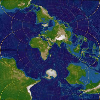 Mapa del mundo en proyección transversa de Mercator, centrado sobre el meridiano 45º E y el Ecuador