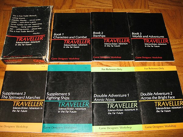 A selection of classic Traveller rule books and supplements, including the core box set.