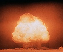 Mushroom cloud formed by the Trinity Experiment in July 1945, part of the Manhattan Project, the first detonation of a nuclear weapon in history Trinity Detonation T&B (cropped).jpg
