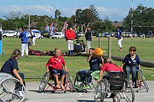 Voortrekker children taking part in a disability awareness programme with the Londt Park disabled basketball team, Port Elizabeth, South Africa. 2015 Voortrekker gestremdhede Spesdag.jpg