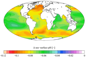 Mapa mundial que muestra el cambio variable del pH en diferentes partes de diferentes océanos