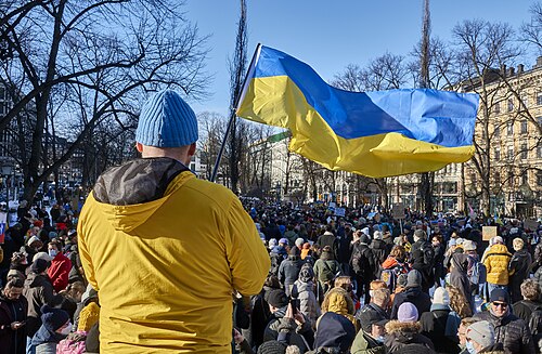 An anti-war protest in Helsinki condemning the 2022 Russian invasion of Ukraine