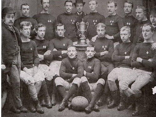 The team of Wigan Football Club in 1885 with the Wigan Union Charity Cup