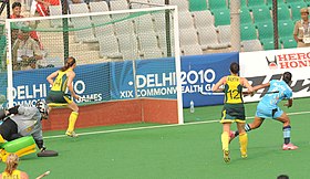 XIX Commonwealth Games-2010 Delhi Rani Rampal of India scoring the India’s only goal against Australia, in Women’s Hockey Match, at Major Dhyanchand National Stadium, in New Delhi on October 06, 2010.jpg