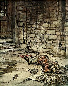 Illustration by Arthur Rackham: Young Beckie in prison.