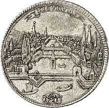 Tigurum instead of Turicum: Zurich's Neo-Latin name had been made up by scholars. It was used between c. 1500 and 1800. ( 1/2 thaler, 1721) Zurich,  1/2 Taler 1721 (CH-2088-6-ID734) rv.jpg