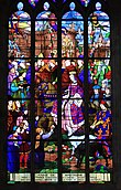 Glas-in-loodraam: Anne de Bretagne, koningin van Frankrijk, stichter van de Saint-Malo-kerk, kwam Dinan binnen via de Porte de Brest in het jaar 1505