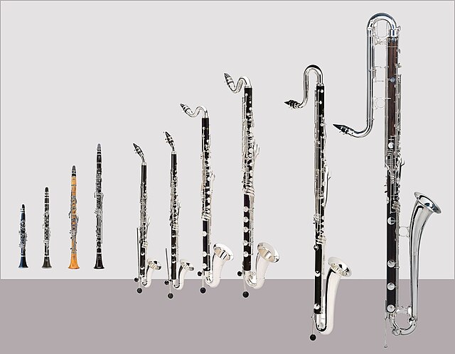 Clarinets in A♭, E♭, and B♭, basset clarinet in A, alto clarinet, basset horn, two bass clarinets (ranging to low E♭ and low C), contra alto clarinet,