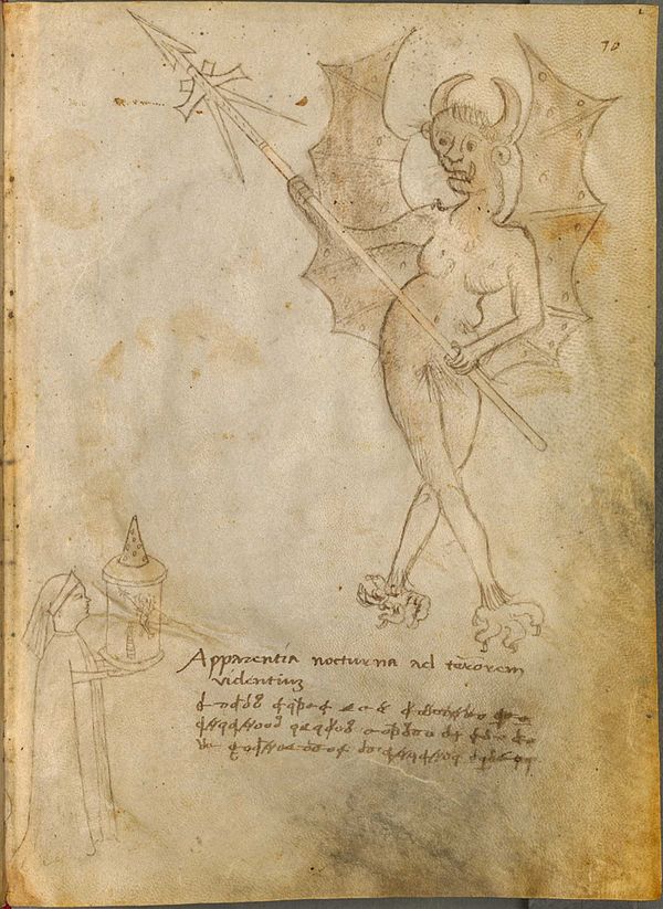 Giovanni Fontana's drawing from circa 1420 of a figure with lantern projecting a winged demon