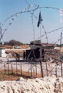 UNTAG checkpoint at Ondangwa, June 1989. 1989 Entrance to the Australian base at Ondangwa.jpg