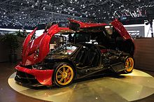 A Pagani Huayra on display with all user accessible compartments open