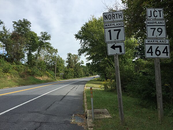 Northbound MD 17 approaching its junction with MD 464 and MD 79