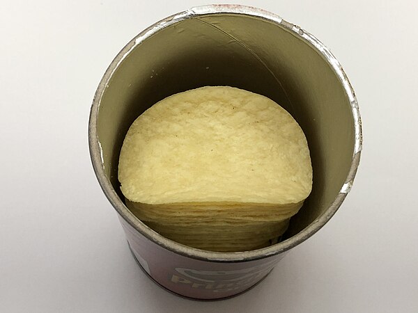 Open canister of Pringles. The tubular can was designed to address customer complaints about broken chips and empty air in the bags.