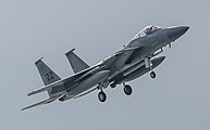 A US Air Force F-15C Eagle, tail number 85-0115, on final approach at Kadena Air Base in Okinawa, Japan