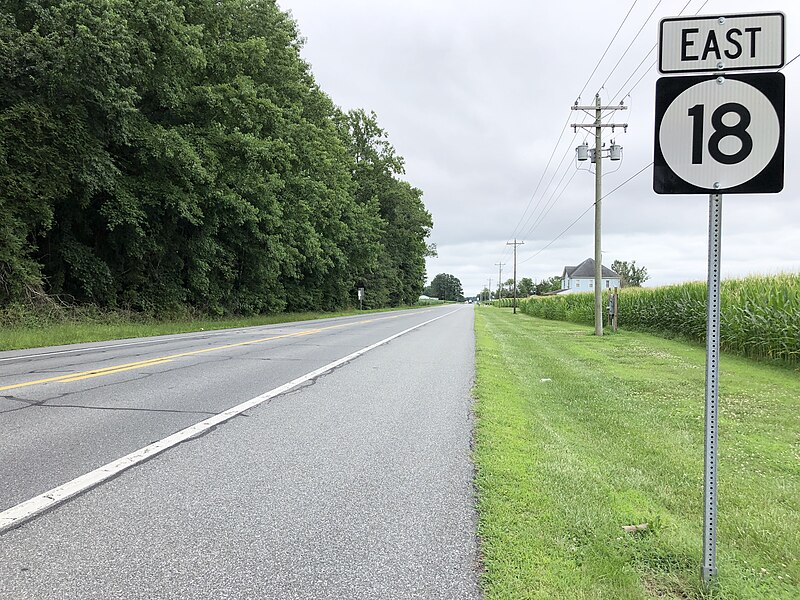 File:2022-07-07 14 46 33 View east along Delaware State Route 18 (Cannon Road) at Federalsburg Road in Clarksons Crossroads, Sussex County, Delaware.jpg