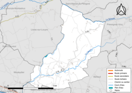 Carte en couleur présentant le réseau hydrographique de la commune