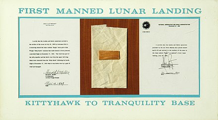 Pieces of fabric and wood from the first airplane, the 1903 Wright Flyer, traveled to the Moon in the lunar module and are displayed at the Wright Brothers National Memorial