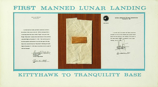 Pieces of fabric and wood from the Wright Flyer traveled to the Moon in 1969 in the Apollo 11 Lunar Module Eagle