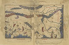 The Maghreb (south-up) in Muhammad al-Idrisi's Nuzhat al-Mushtaq (nzh@ lmshtq fy khtrq lafq
), also known as the Tabula Rogeriana
(12th century). 89v 90r nzh@ lmshtq Arabe 2221 BNF.jpg