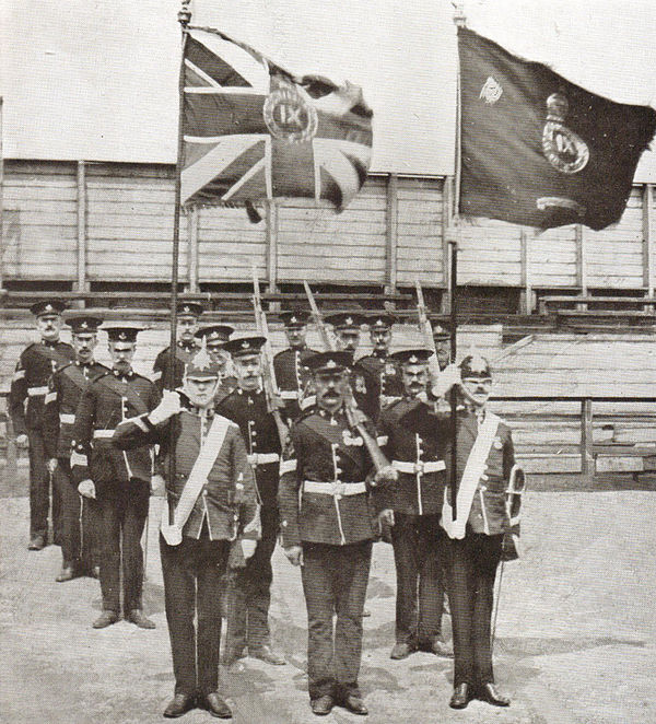 Colour party of the 9th Battalion Durham Light Infantry after receiving new colours from King Edward VII, 19 June 1909.