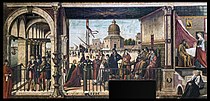 維多列·卡爾帕喬（英語：Vittore Carpaccio）的《使者到來（義大利語：Arrivo degli ambasciatori inglesi alla corte del re di Bretagna）》，278 × 589cm，約作於1490－1495年，1812年始藏[13]