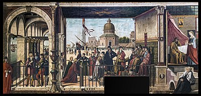 Arrival of the English Ambassadors by Vittore Carpaccio, painted between 1495 and 1500--though ostensibly part of a series of paintings on the life of Saint Ursula, this actually depicts the developing diplomatic practices of the Republic of Venice in the painter's own time Accademia - Arrivo degli ambasciatori inglesi presso il re di Bretagna di Vittore Carpaccio.jpg