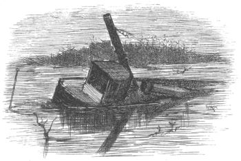 wrecked boat half-sunk in river