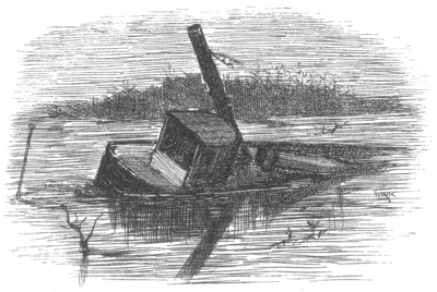 wrecked boat half-sunk in river