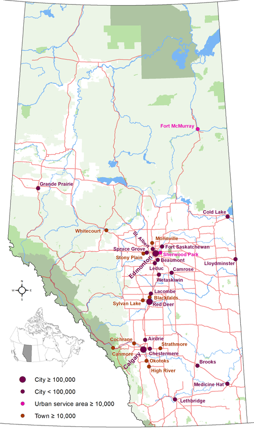 Distribution of Alberta's 19 cities, 2 urban service areas and 10 towns that are eligible for city status.