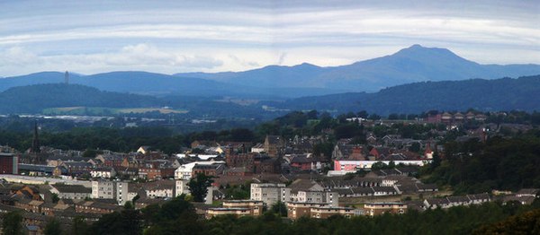 Alloa from Clackmannan Tower with Ben Ledi and Wallace Monument in the distance