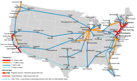 Amtrak system map showing frequency of train service