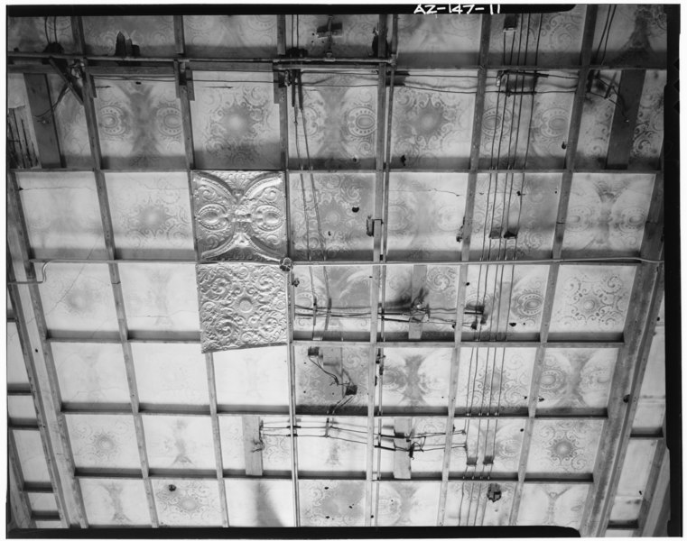 File:An abandoned electrical system was found under the pressed-steel ceiling. For some undetermined reason the pattern of the ceiling panels has 'photographed' onto the cardboard HABS ARIZ,7-PHEN,16-11.tif