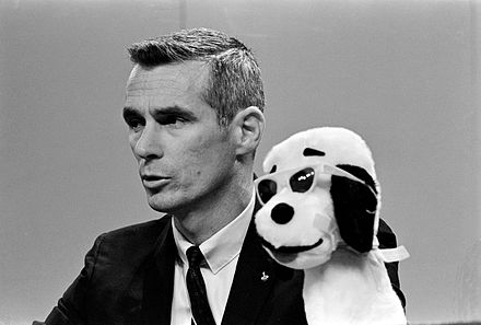 Cernan and Snoopy during Apollo 10 press conference