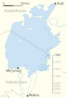 The shrinking of the Aral Sea.