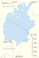 Žemėlapis dešimtmečio skalėmis (nuo 1960 m. iki 2010 m.) parodantis Aralo jūros mažėjimą
