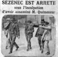 Annonce de l'arrestation de Guillaume Seznec dans Le Journal du 1er juillet 1923. De gauche à droite : un cheminot, le commissaire Achille Vidal, un seconde cheminot, Guillaume Seznec et enfin l'inspecteur Pierre Bonny.
