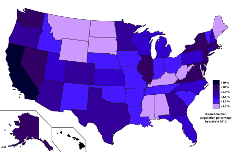 Asian American population percentage by state in 2010