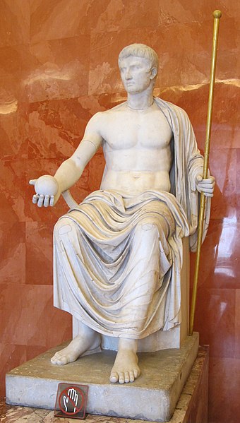 Reconstructed statue of Augustus as Jove, holding scepter and orb (first half of 1st century AD).[citation needed][170]