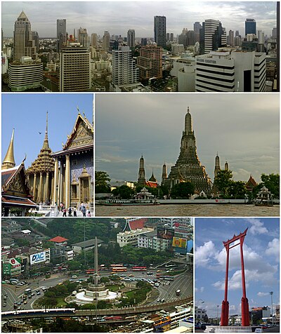 Searah jarum jam dari atas: Distrik bisnis Si Lom - Sathon, Wat Arun, Giant Swing, Victory Monument, dan Wat Phra Kaew