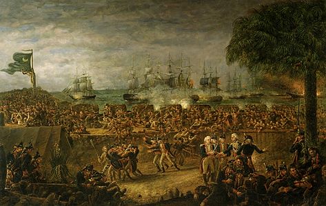 La batalla de Sullivan's Island. La flota de Parker (al fons) es mostra atacant les fortificacions estatunidenques